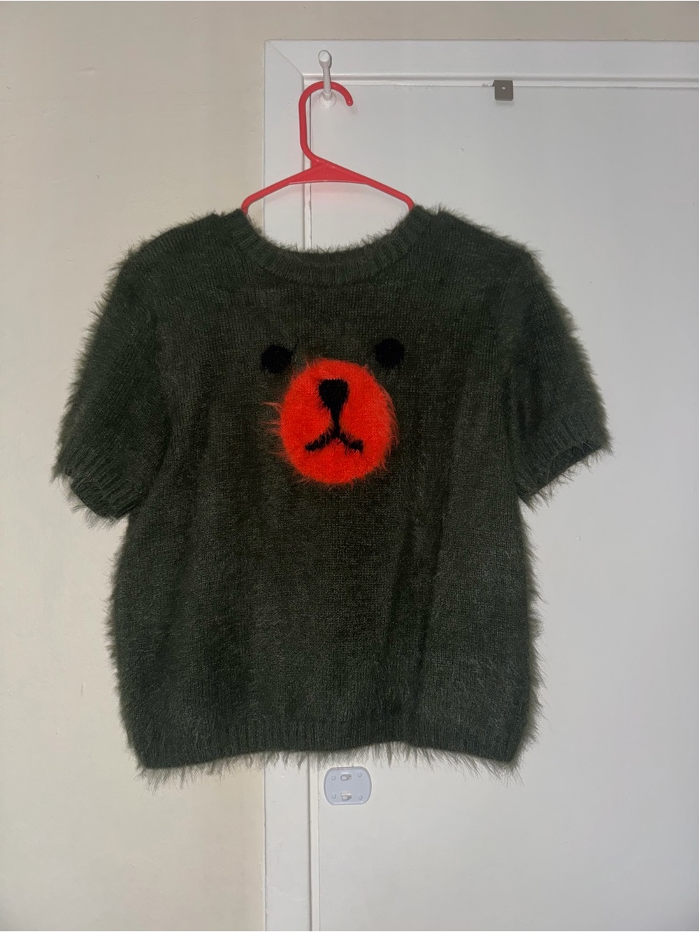 Teddy Fresh Dark Green Fuzzy Short Sleeve Sweater with Orange Bear Face